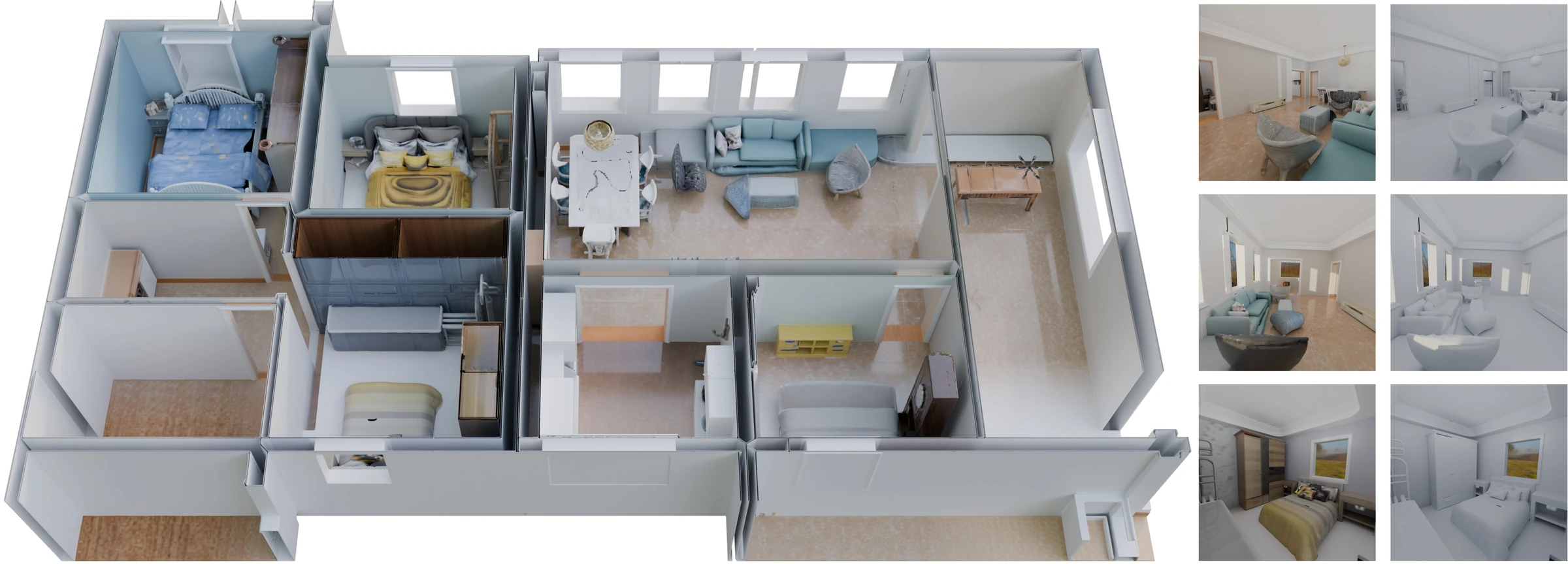 Reconstructed multi-room apartment alongside detailed PBR and geometry views of the living room and bedroom.
